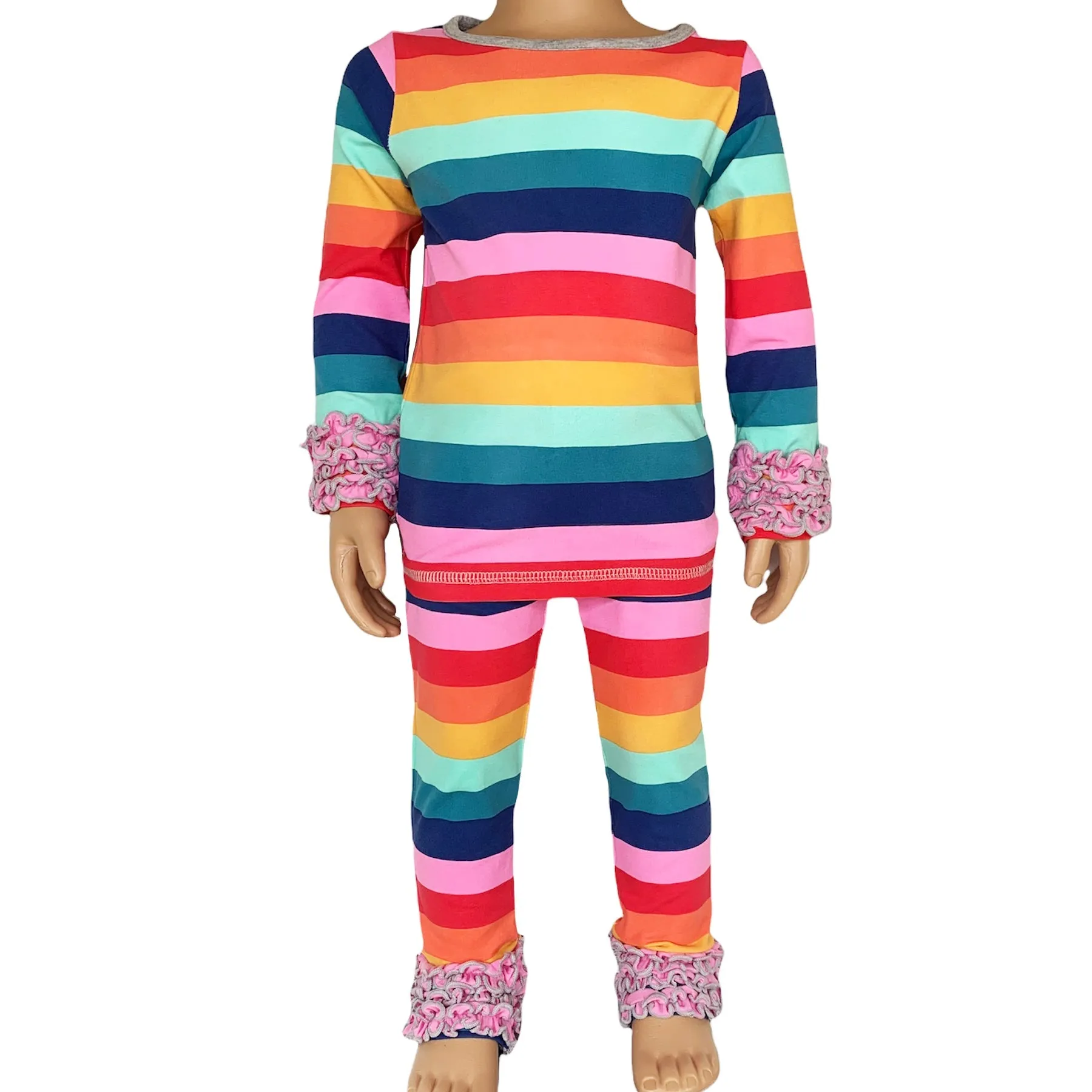 AnnLoren Baby Big Girls Boutique Long Sleeve Rainbow Ruffle Layering T-shirt