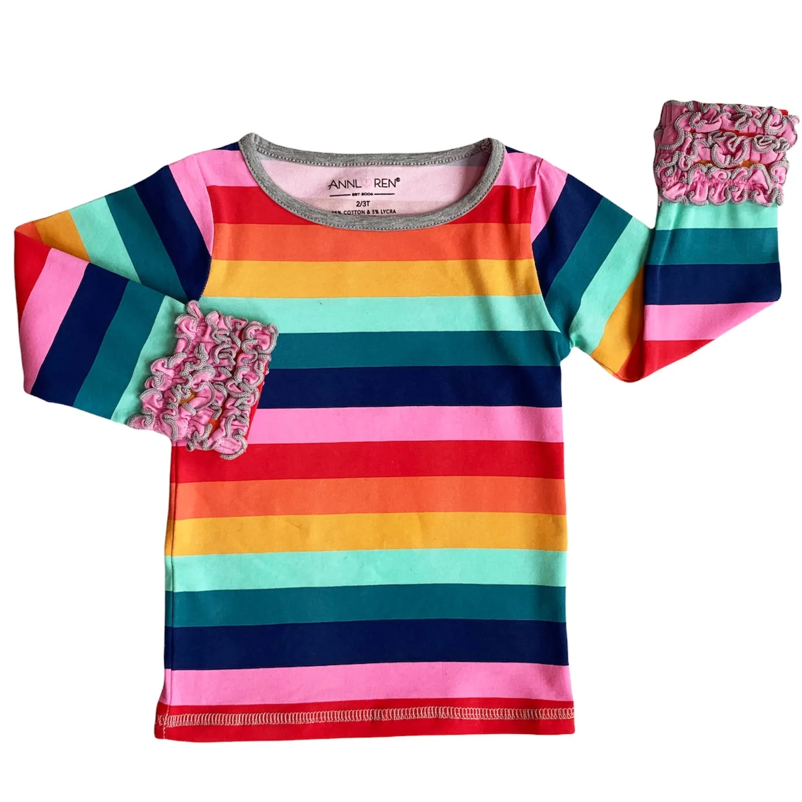 AnnLoren Baby Big Girls Boutique Long Sleeve Rainbow Ruffle Layering T-shirt