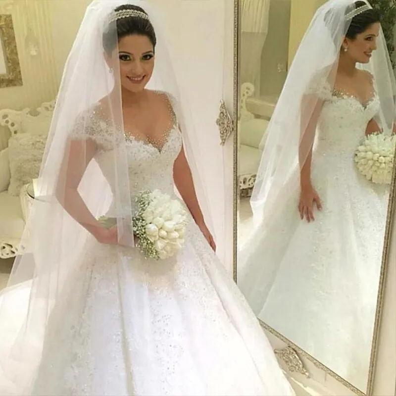 Beads Crystal White Ivory Wedding Dresses for brides plus size