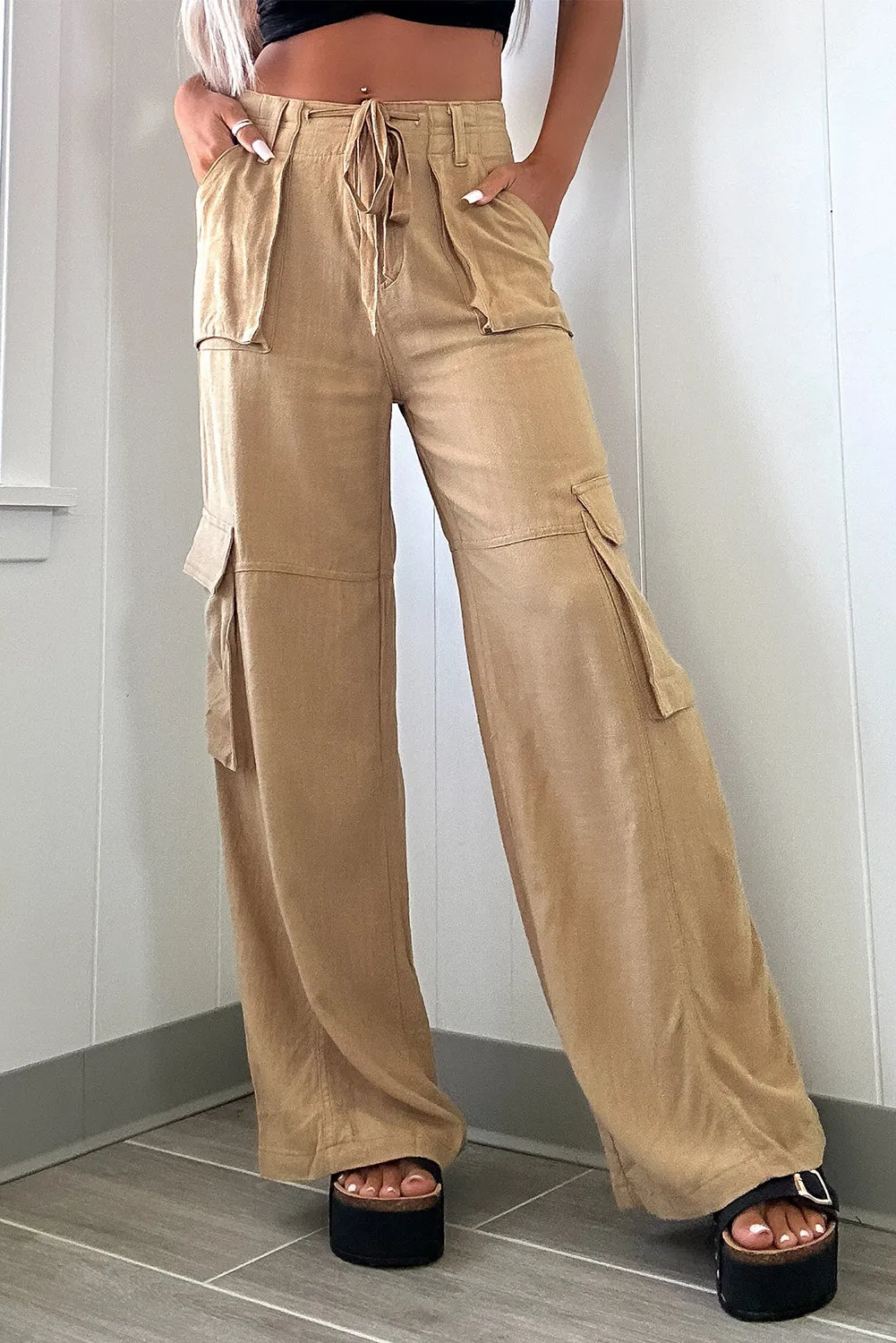 Camel Cargo Pockets Wide Leg Pants