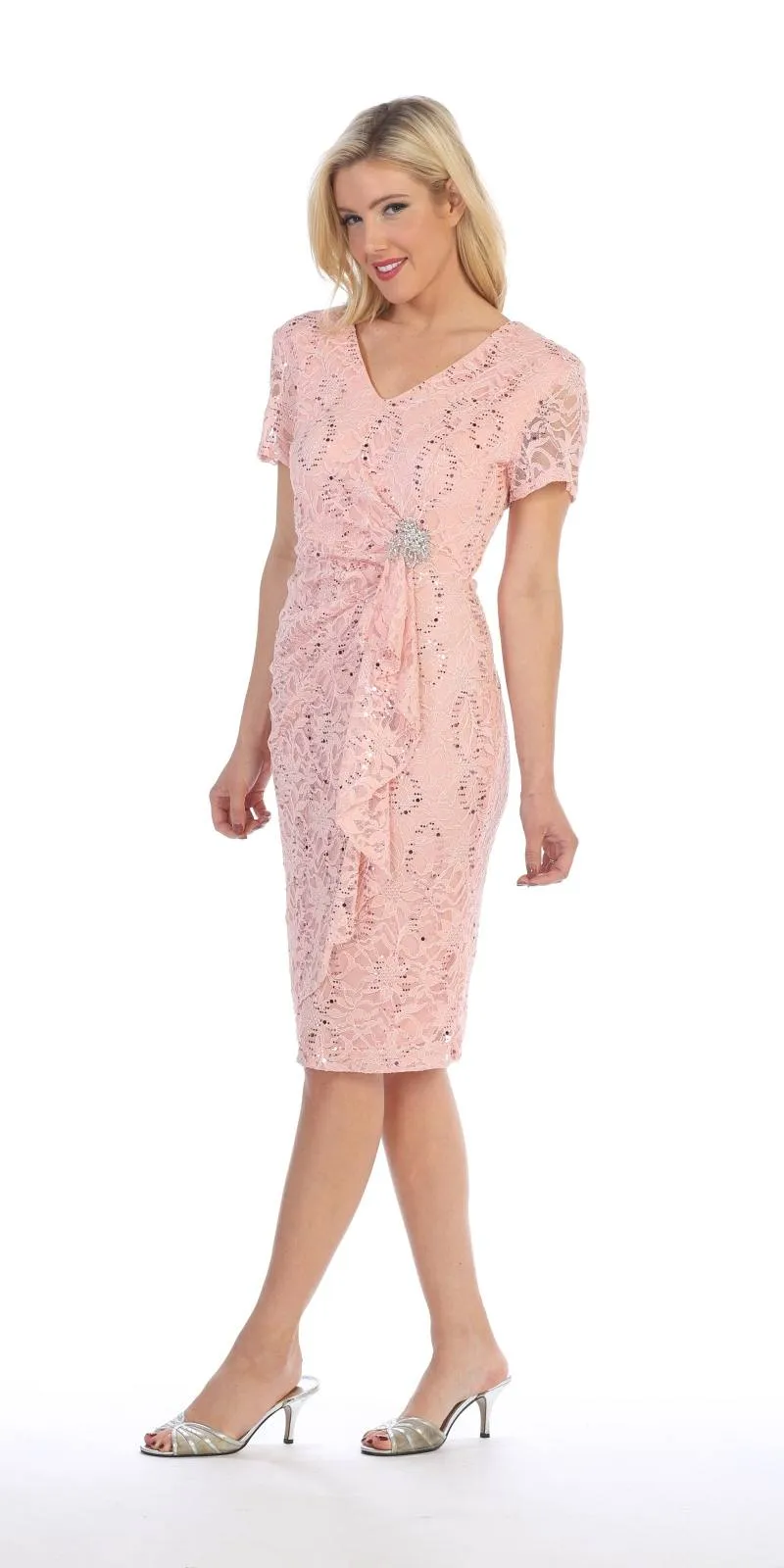 Celavie 6038 Short Sleeved Short Side Gathered Knee Length Dress