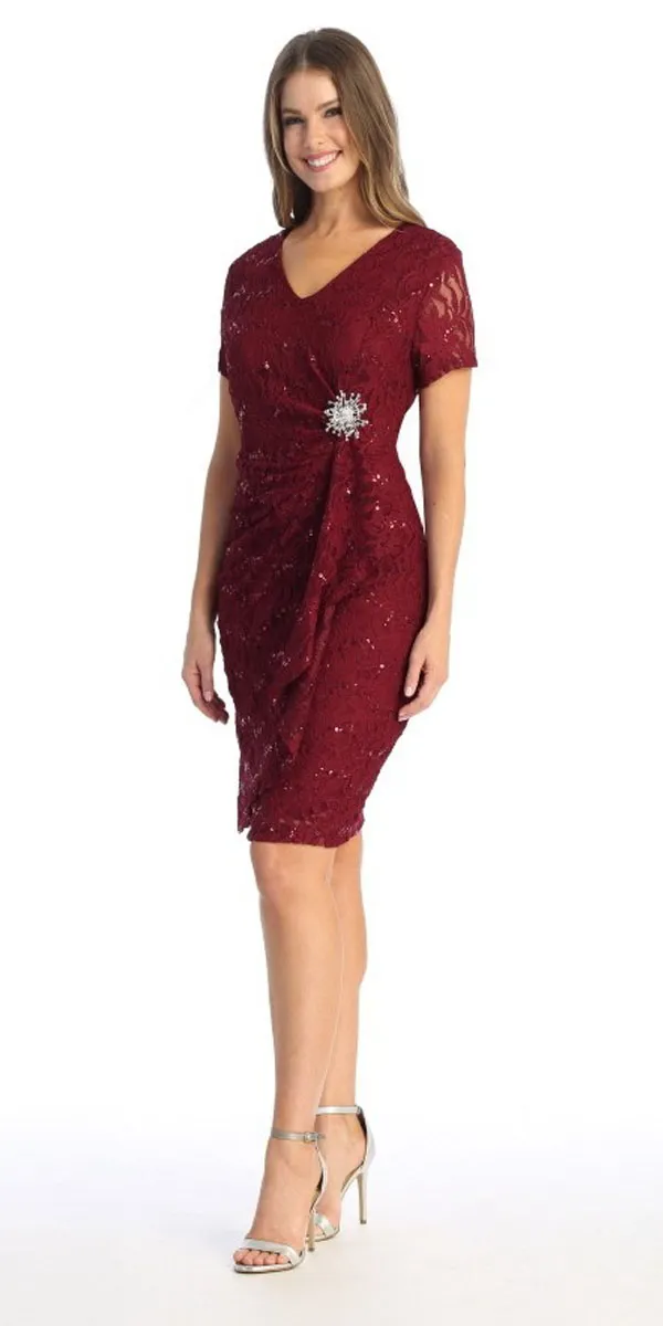 Celavie 6038 Short Sleeved Short Side Gathered Knee Length Dress