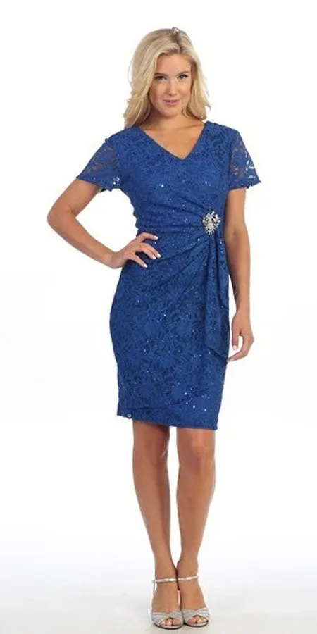 Celavie 6038 Short Sleeved Short Side Gathered Knee Length Dress