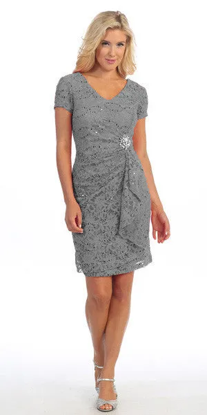 Celavie 6038 Short Sleeved Short Side Gathered Knee Length Dress