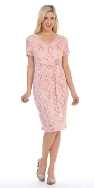 Celavie 6038 Short Sleeved Short Side Gathered Knee Length Dress