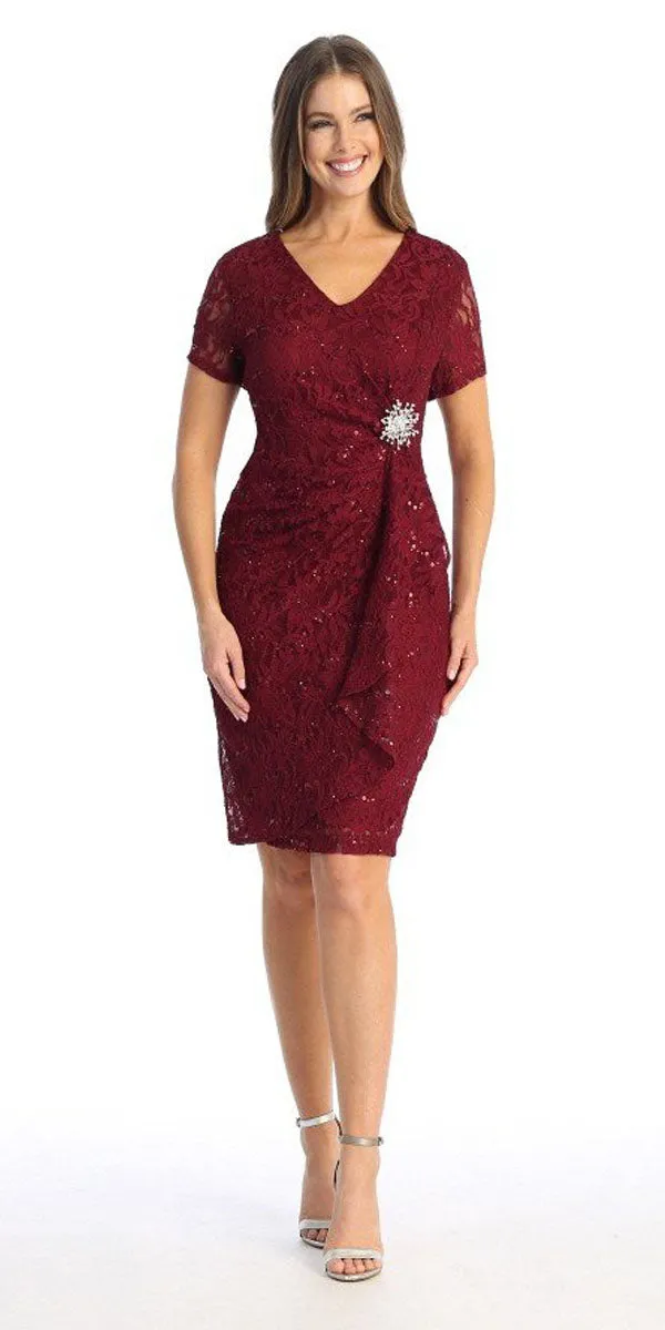 Celavie 6038 Short Sleeved Short Side Gathered Knee Length Dress
