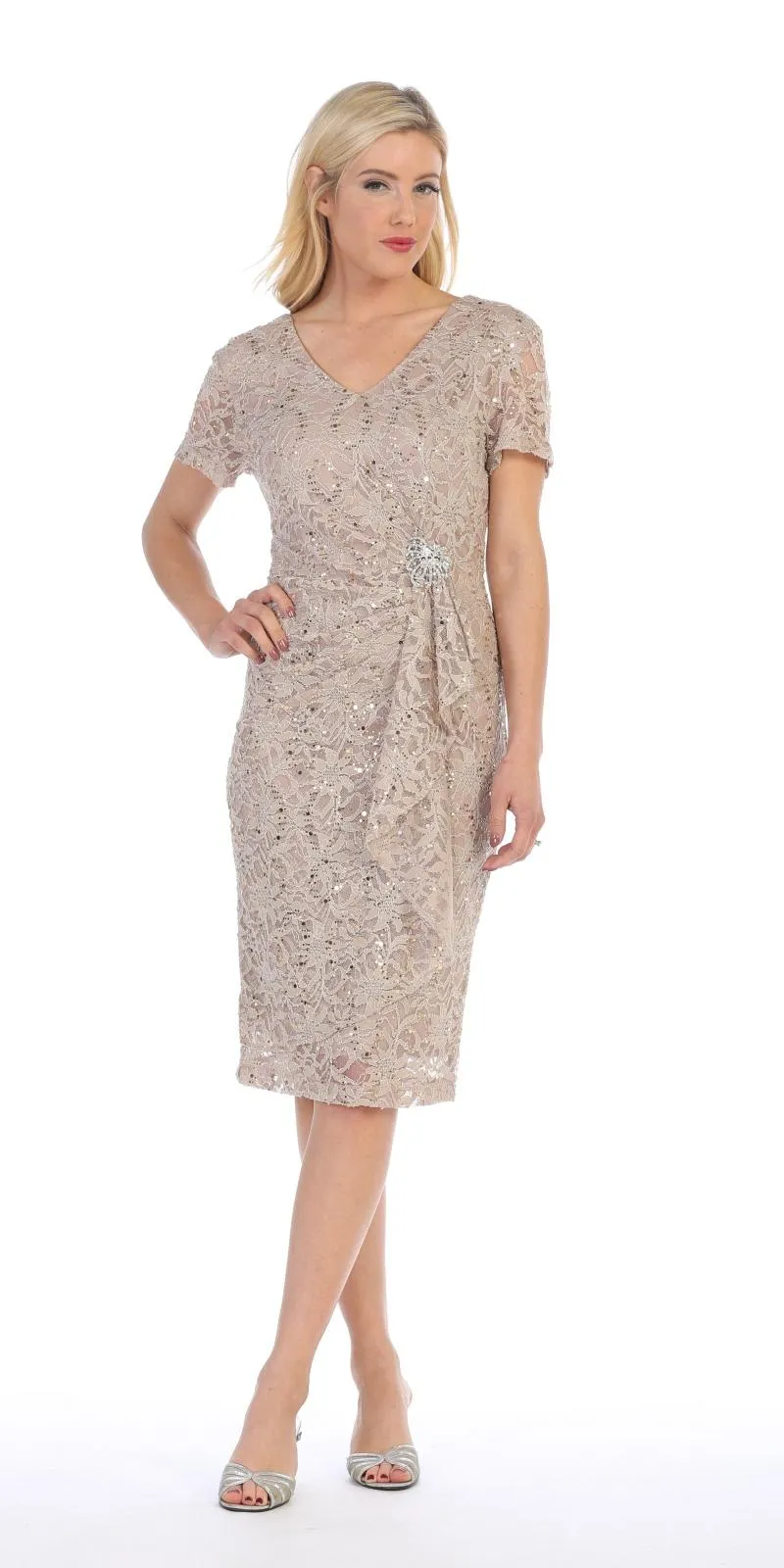 Celavie 6038 Short Sleeved Short Side Gathered Knee Length Dress