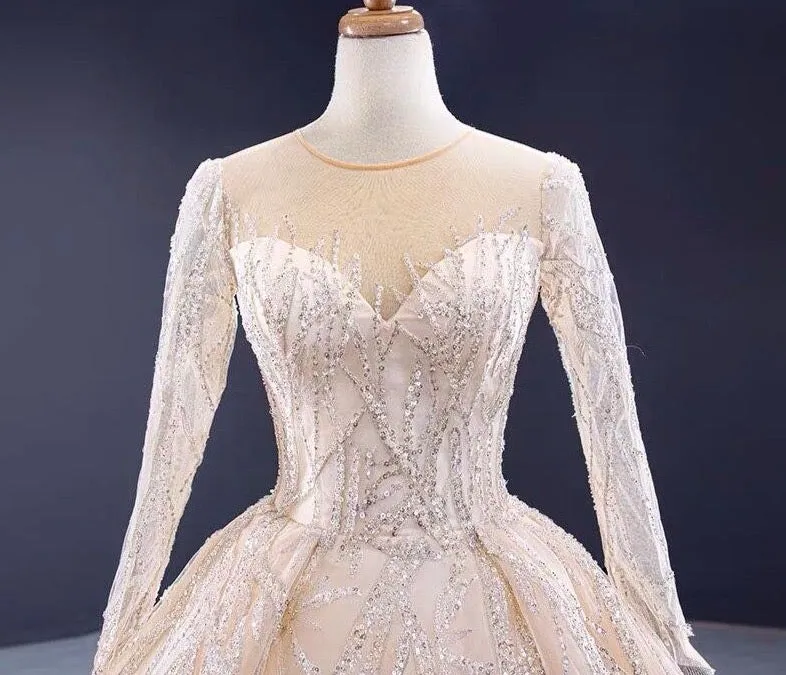 Champagne Sequin Beading O-Neck Wedding Dresses