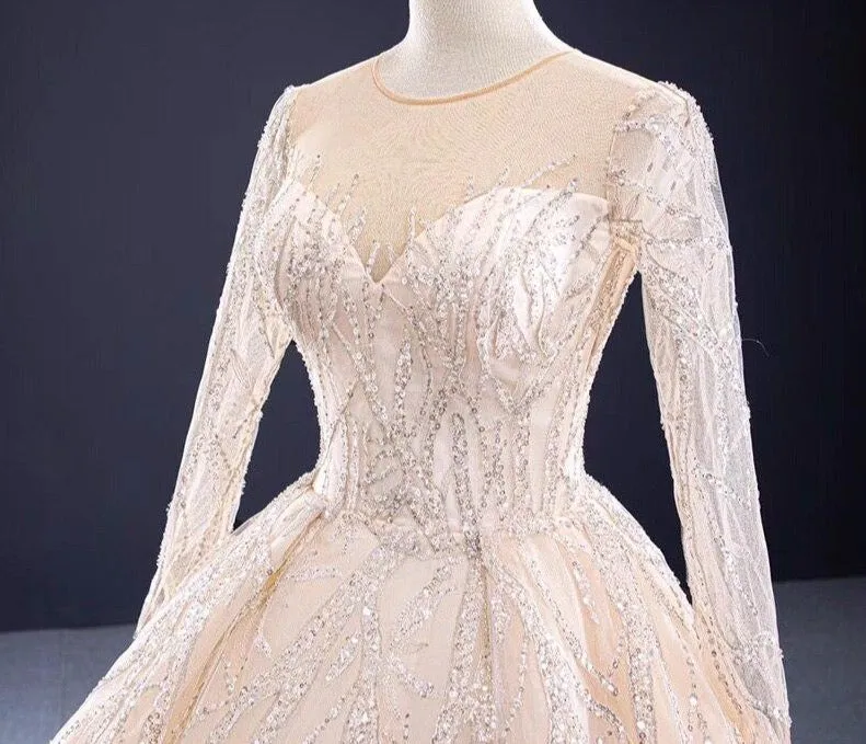 Champagne Sequin Beading O-Neck Wedding Dresses