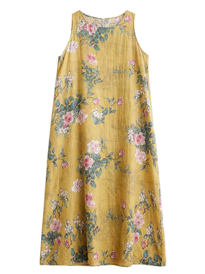 Chinese Rose Print Retro Yellow Tank Dress for Women