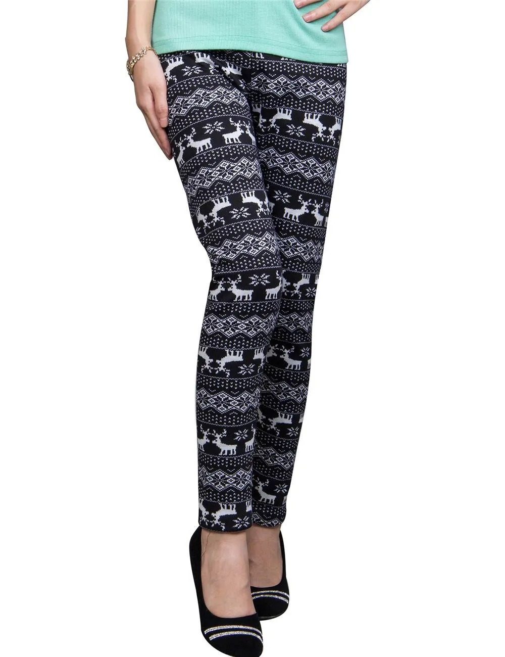 Christmas Deer Printed Black Thick Legging
