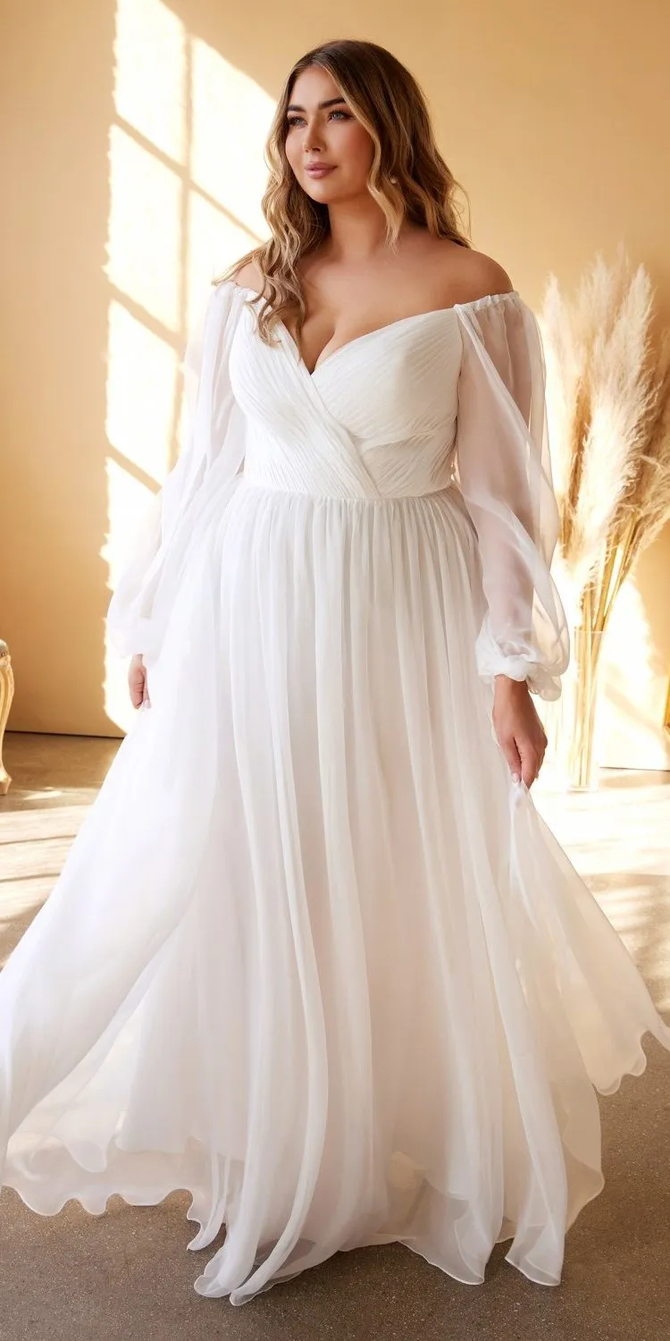 Cinderella Divine CD243W Sweetheart Sheer Sleeve Chiffon Dress