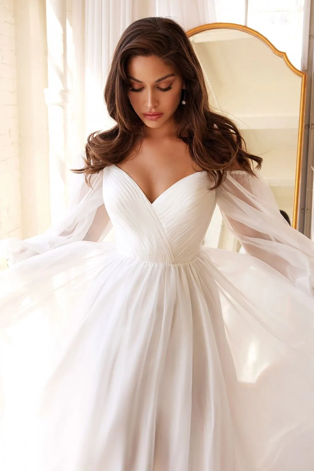 Cinderella Divine CD243W Sweetheart Sheer Sleeve Chiffon Dress