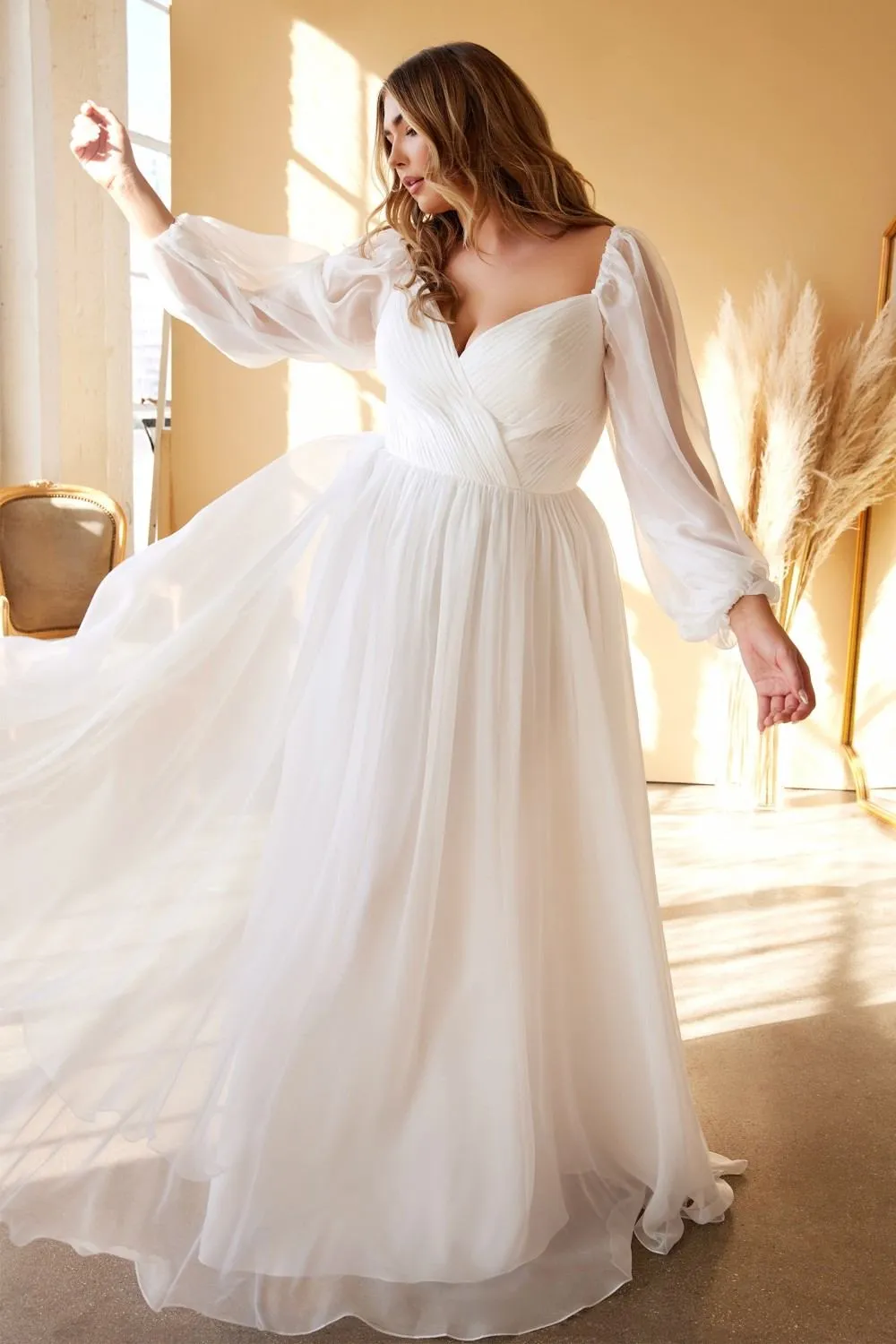 Cinderella Divine CD243W Sweetheart Sheer Sleeve Chiffon Dress