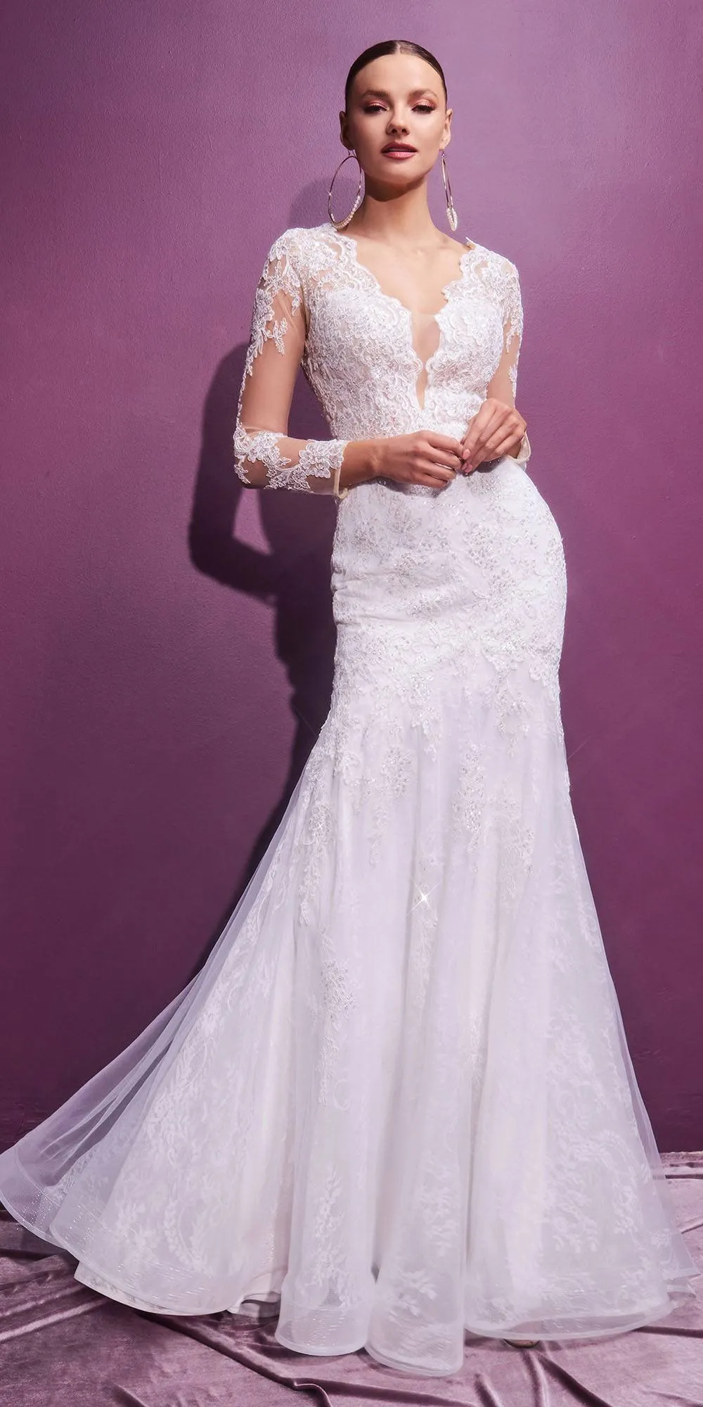 Cinderella Divine CD951W Lace Mermaid Gown With Long Illusion Sleeves