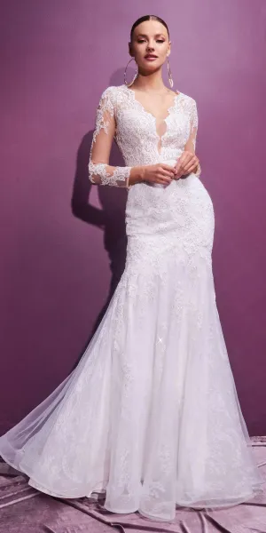 Cinderella Divine CD951W Lace Mermaid Gown With Long Illusion Sleeves