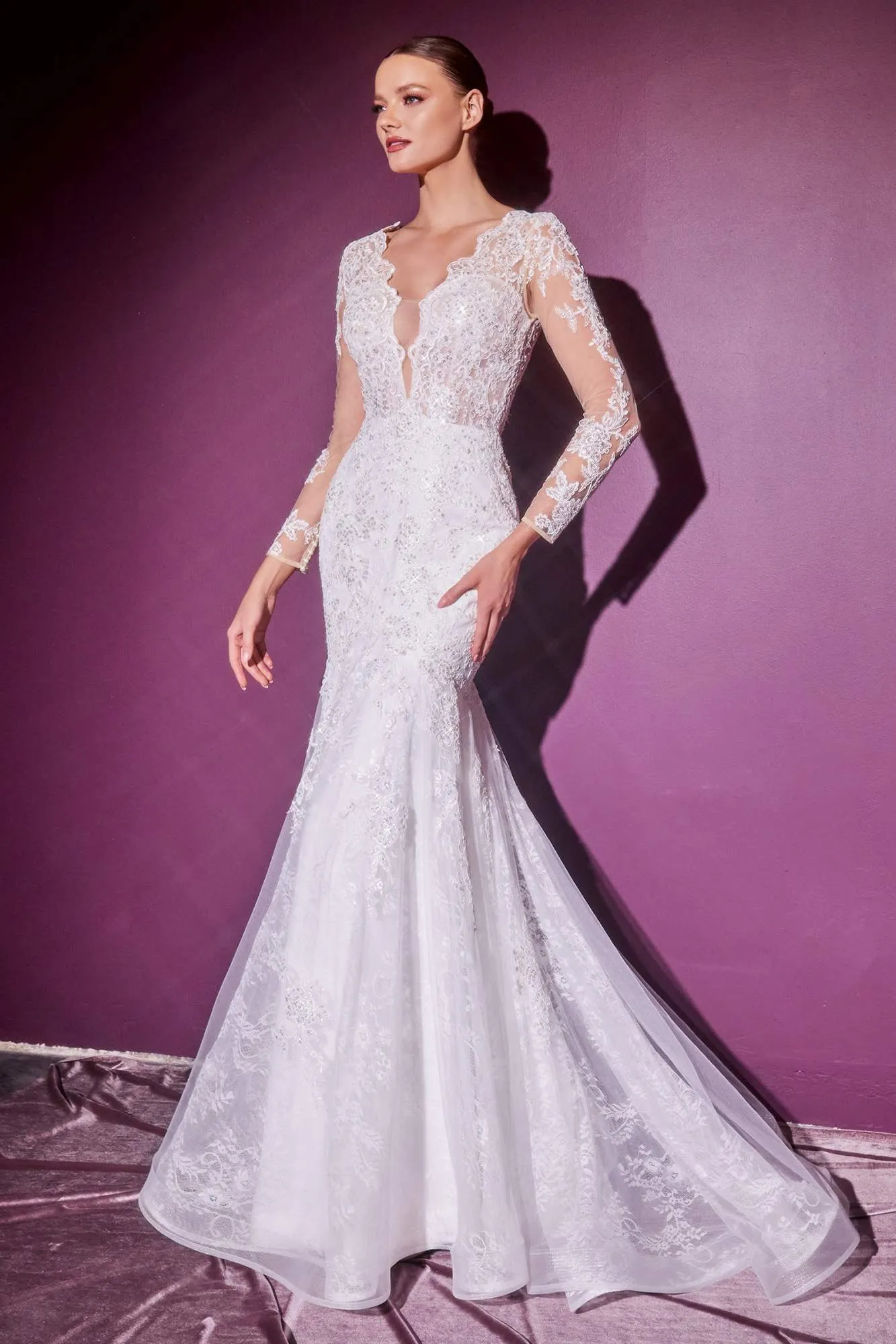 Cinderella Divine CD951W Lace Mermaid Gown With Long Illusion Sleeves