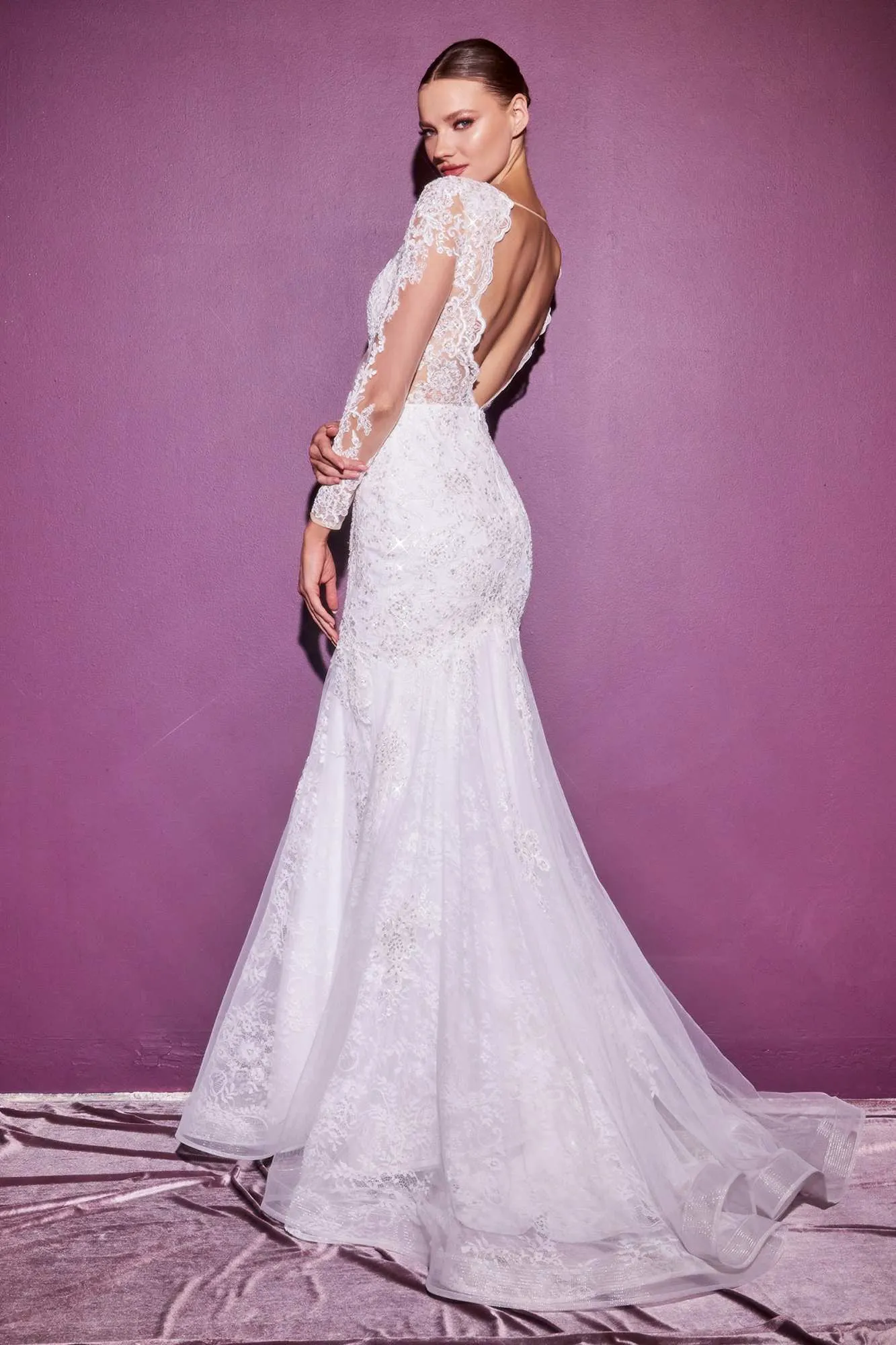 Cinderella Divine CD951W Lace Mermaid Gown With Long Illusion Sleeves