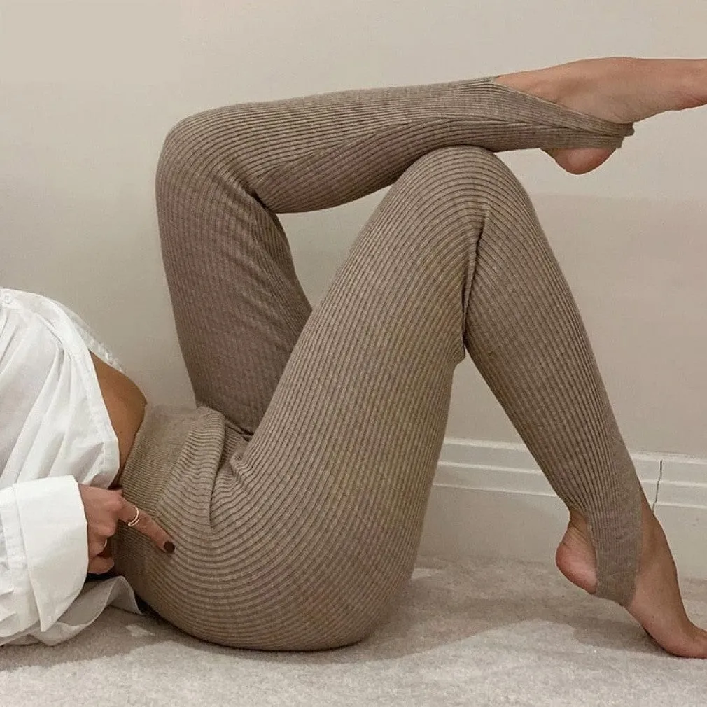 ContiNent 33 Beige Ribbed Knit Leggings Women High Waist Cotton Fitness Basic Pants Casual Spring New All-Match Female Skinny Leggings