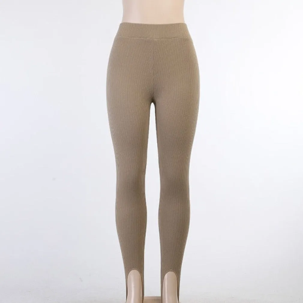ContiNent 33 Beige Ribbed Knit Leggings Women High Waist Cotton Fitness Basic Pants Casual Spring New All-Match Female Skinny Leggings