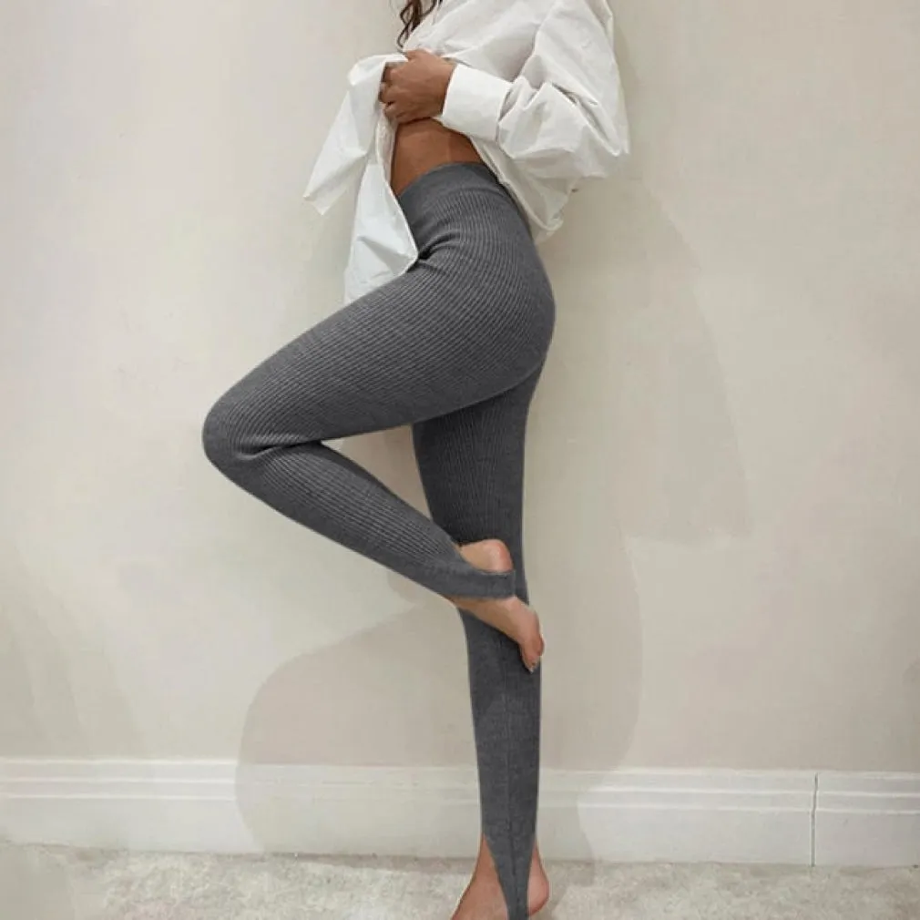 ContiNent 33 Beige Ribbed Knit Leggings Women High Waist Cotton Fitness Basic Pants Casual Spring New All-Match Female Skinny Leggings