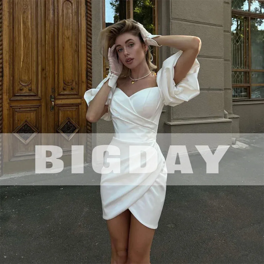 Elegant Short Wedding Dresses Puff Sleeve Sweetheart Open Back Satin Pleat