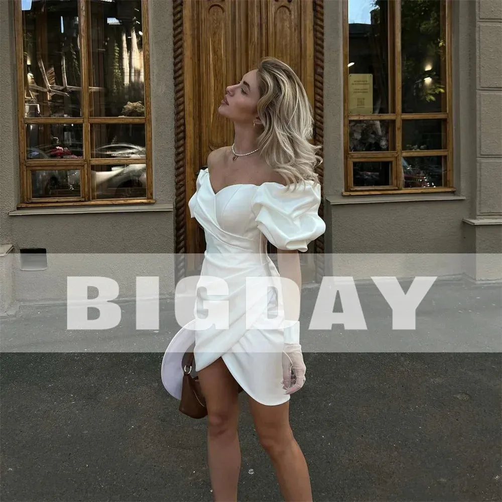 Elegant Short Wedding Dresses Puff Sleeve Sweetheart Open Back Satin Pleat