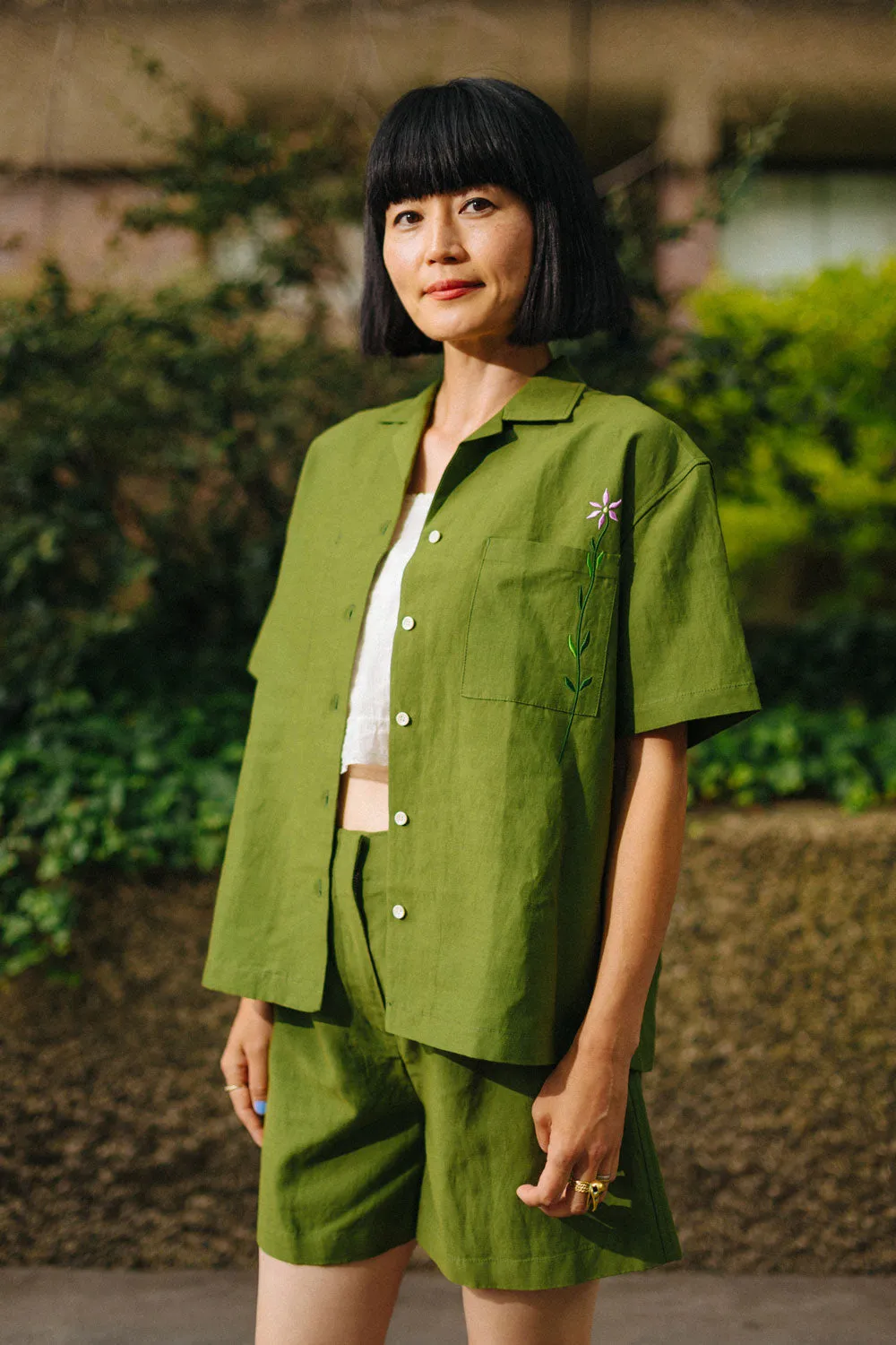 Frances Unisex Cuban Shirt, Rich Olive Green
