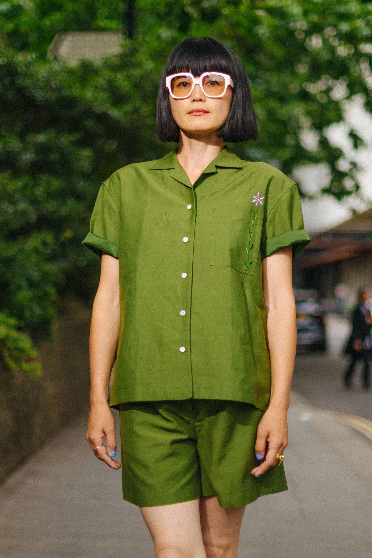 Frances Unisex Cuban Shirt, Rich Olive Green