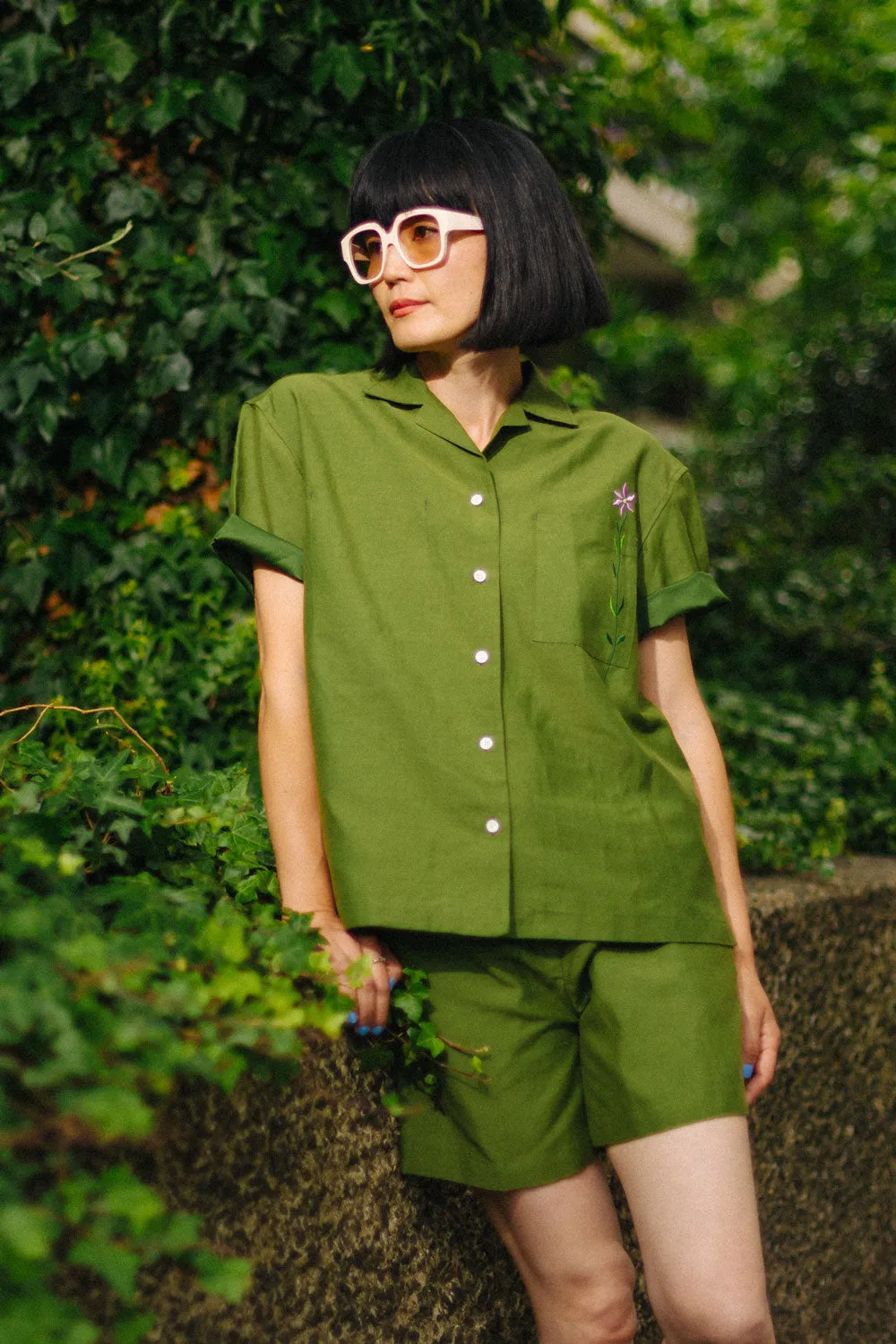 Frances Unisex Cuban Shirt, Rich Olive Green