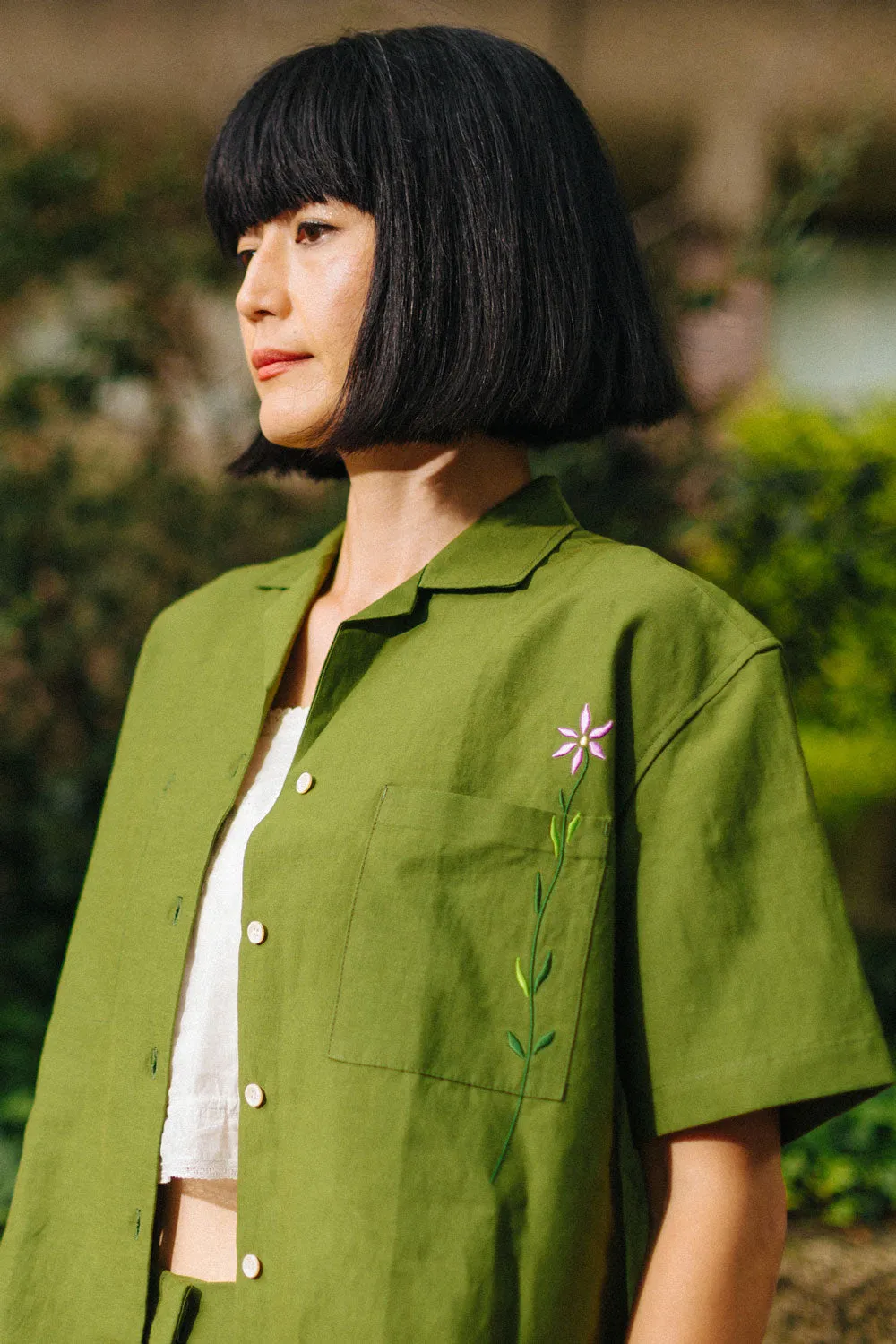 Frances Unisex Cuban Shirt, Rich Olive Green