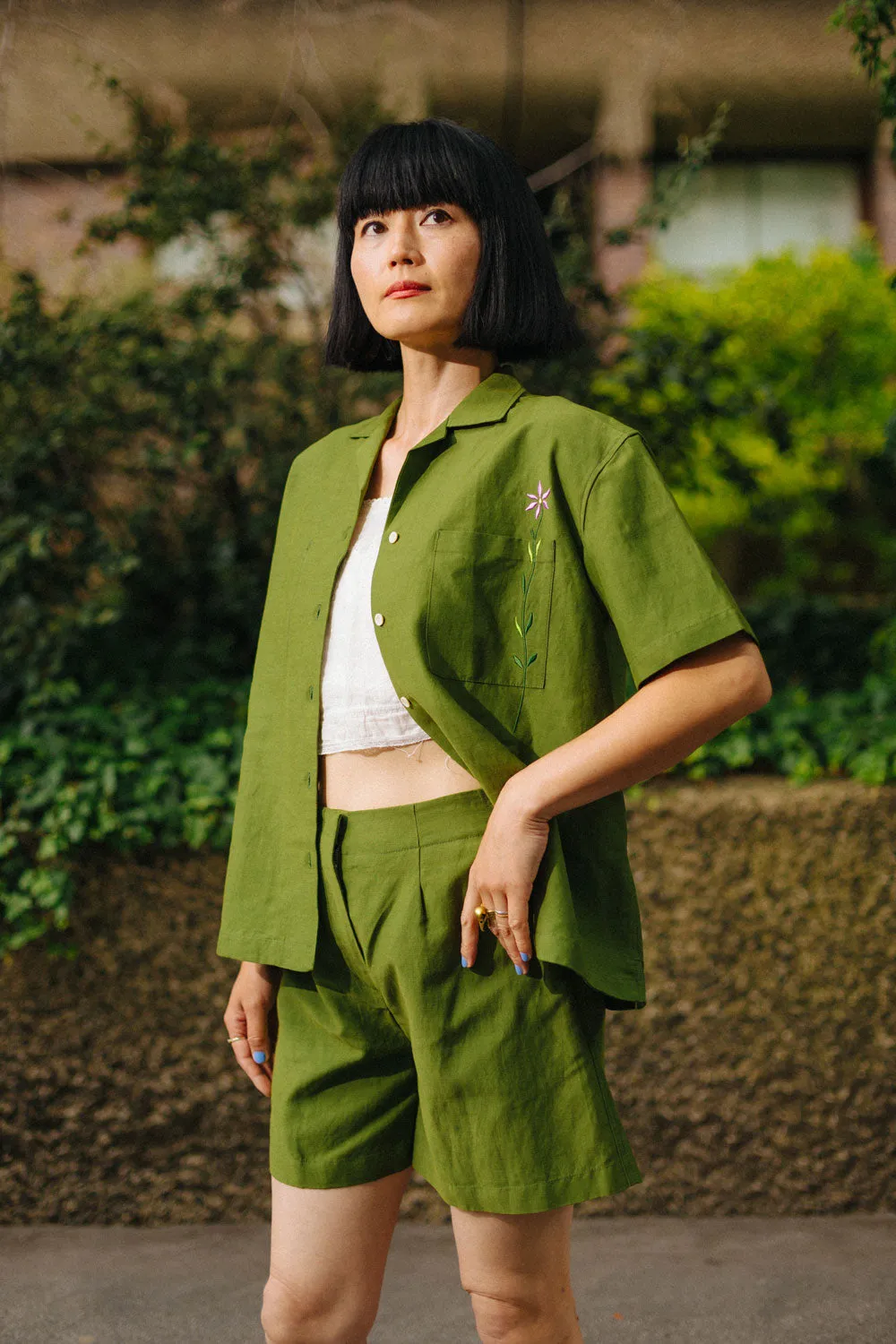Frances Unisex Cuban Shirt, Rich Olive Green