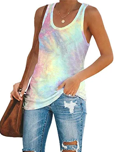 Gemijack Womens Tie Dye Workout Tank Tops Sleeveless Summer Cotton Athletic Cute Tee Shirts