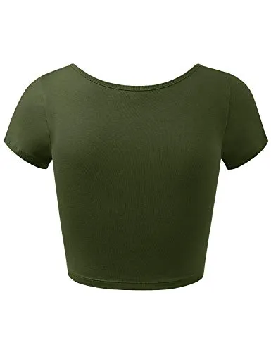 HATOPANTS Basic Scoop Neck Short Sleeve Crop Tee Shirts ArmyGreen S