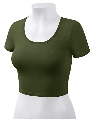 HATOPANTS Basic Scoop Neck Short Sleeve Crop Tee Shirts ArmyGreen S