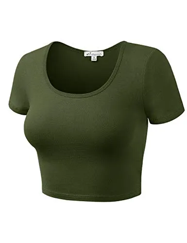 HATOPANTS Basic Scoop Neck Short Sleeve Crop Tee Shirts ArmyGreen S