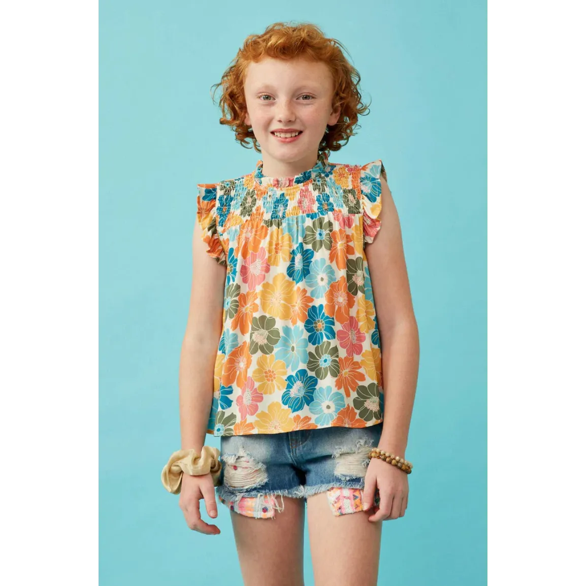 Hayden Girls Textured Floral Ruffle Sleeved Shirt