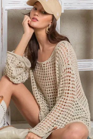 Hazel Blues® |  POL Side Slit Openwork Long Sleeve Knit Cover Up