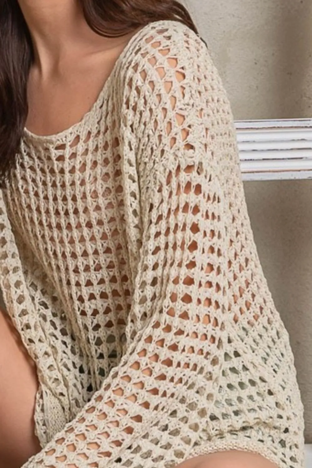 Hazel Blues® |  POL Side Slit Openwork Long Sleeve Knit Cover Up