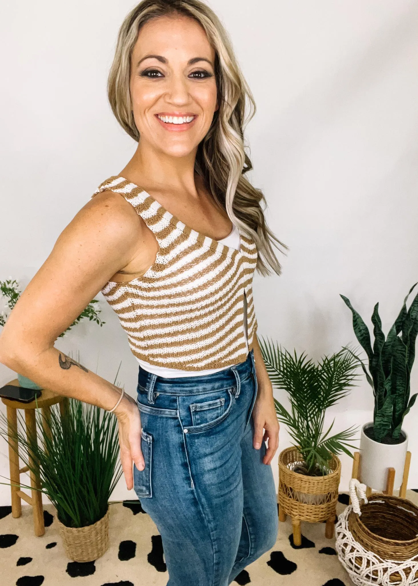 Ivory and Camel Stripe Tank Vest