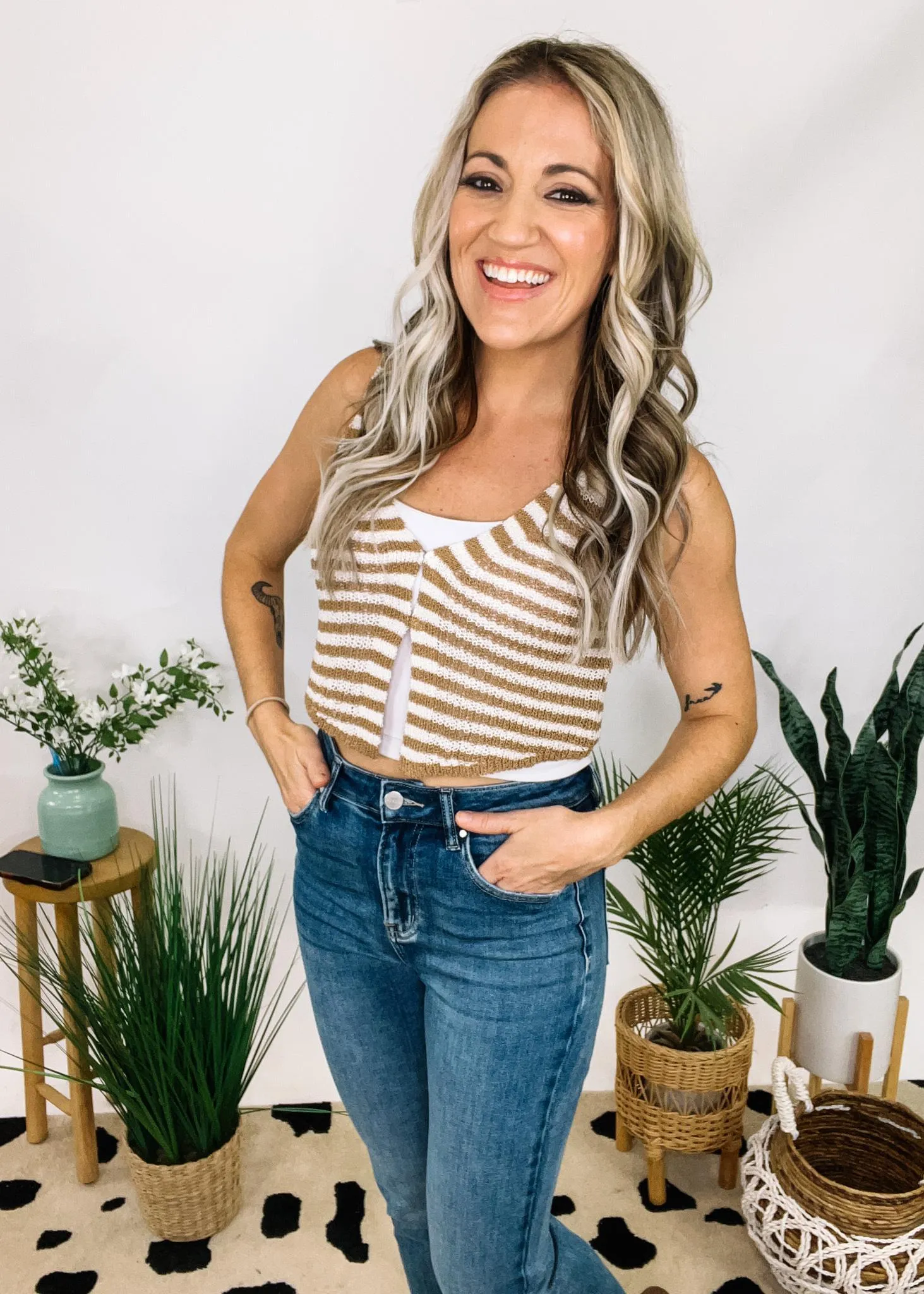 Ivory and Camel Stripe Tank Vest