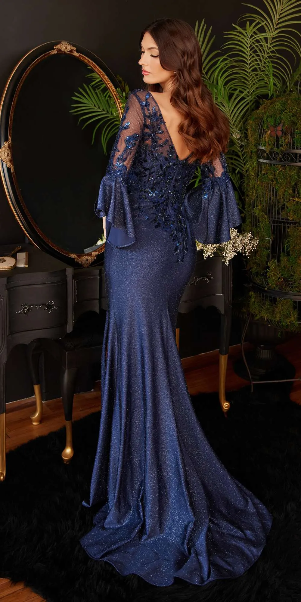 Ladivine 9247 Long Bell Sleeve Lace & Satin Glitter Gown