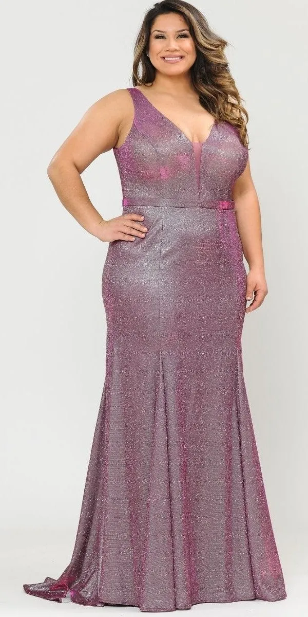 Lindas W1086 Deep Illusion V-Neck Fitted Glitter Dress