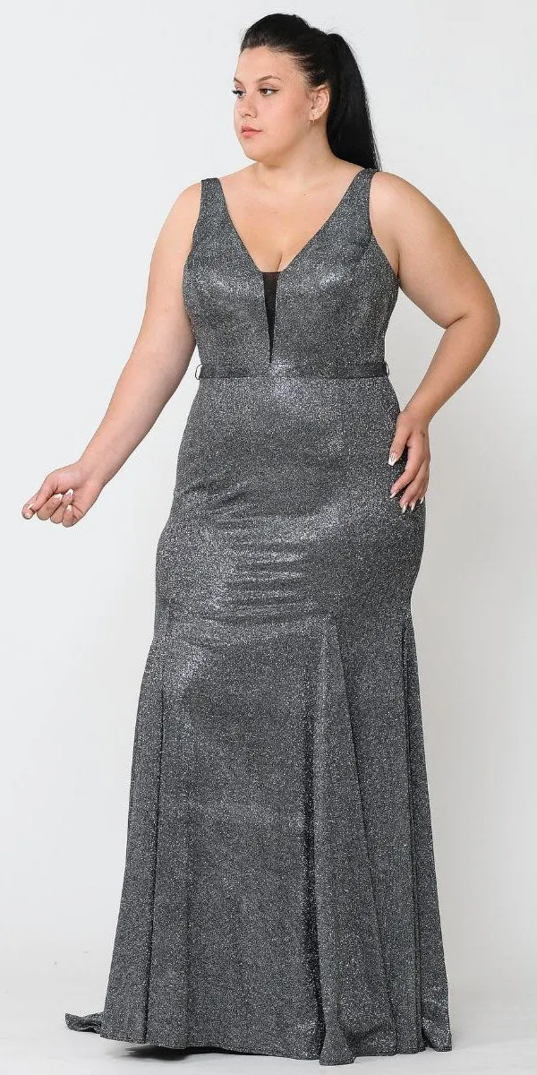 Lindas W1086 Deep Illusion V-Neck Fitted Glitter Dress