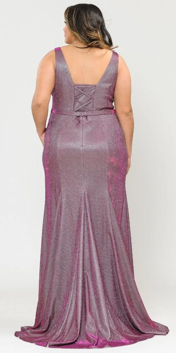 Lindas W1086 Deep Illusion V-Neck Fitted Glitter Dress