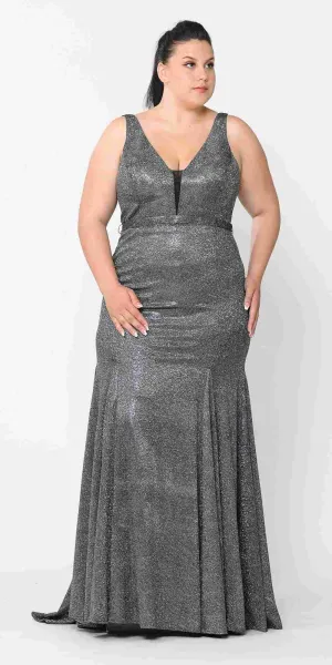 Lindas W1086 Deep Illusion V-Neck Fitted Glitter Dress