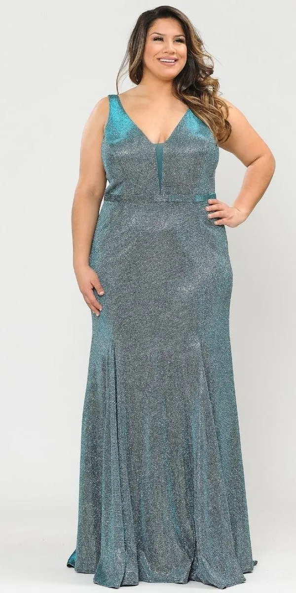 Lindas W1086 Deep Illusion V-Neck Fitted Glitter Dress
