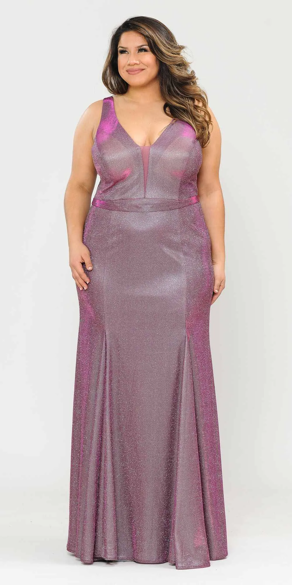 Lindas W1086 Deep Illusion V-Neck Fitted Glitter Dress