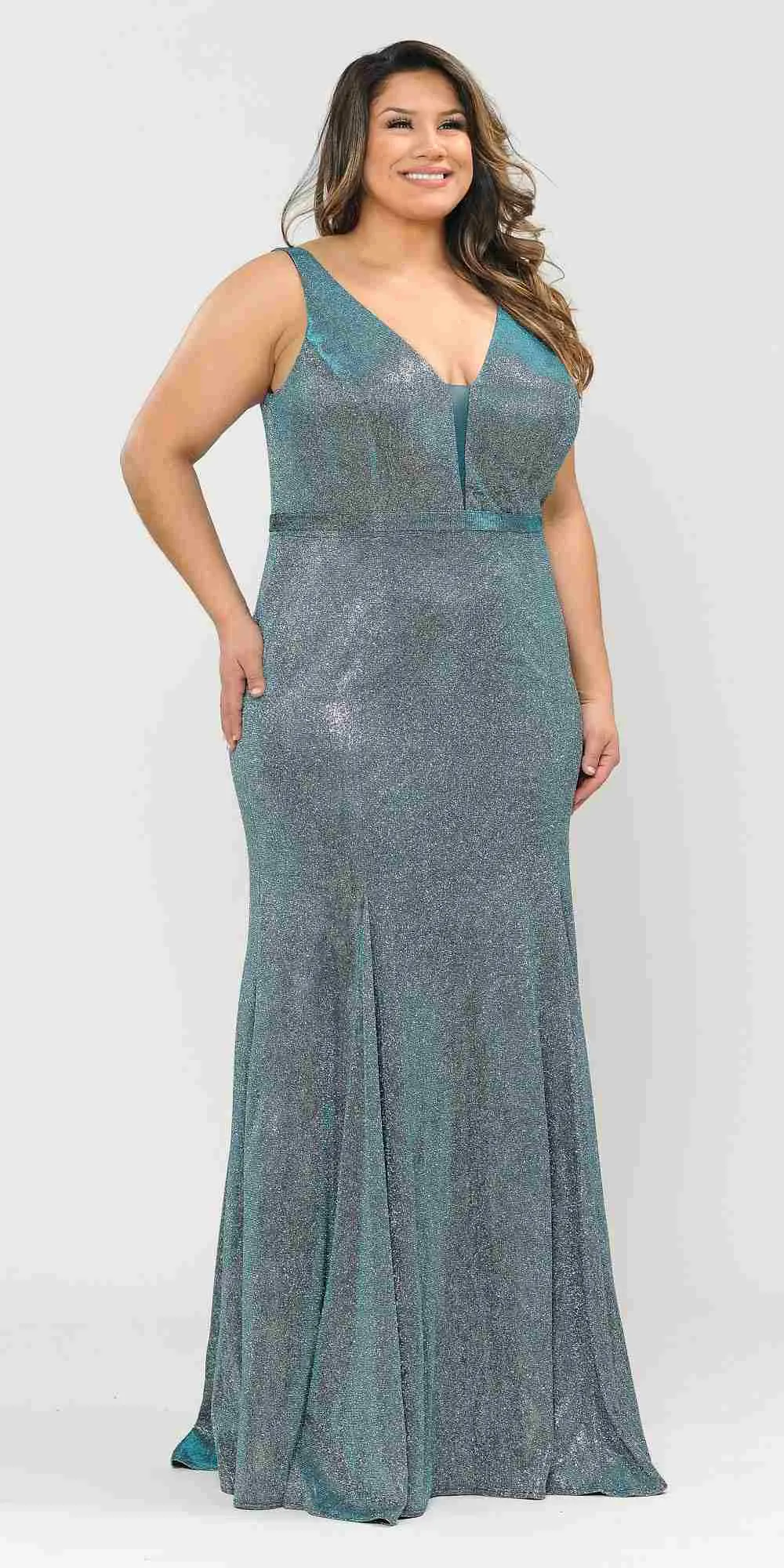 Lindas W1086 Deep Illusion V-Neck Fitted Glitter Dress