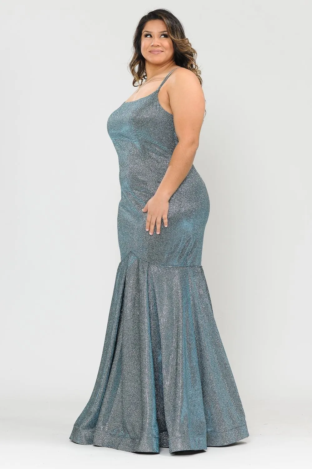 Lindas W1102 Long Glitter Knit Corset Spaghetti Straps Square Neck Mermaid Dress